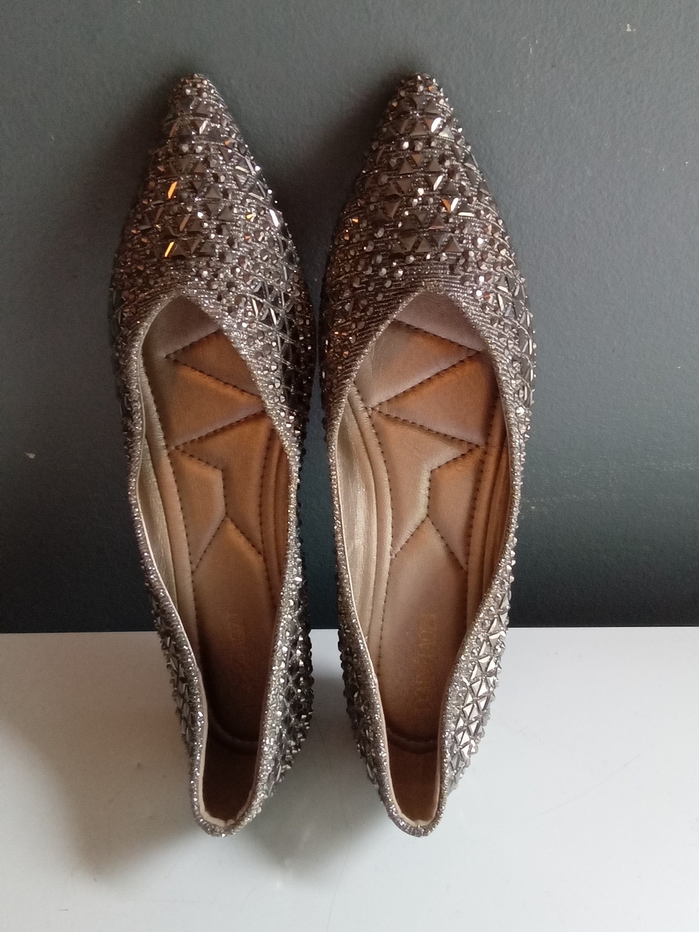 Pointed Toe Embellished Flats in Metallic Gray